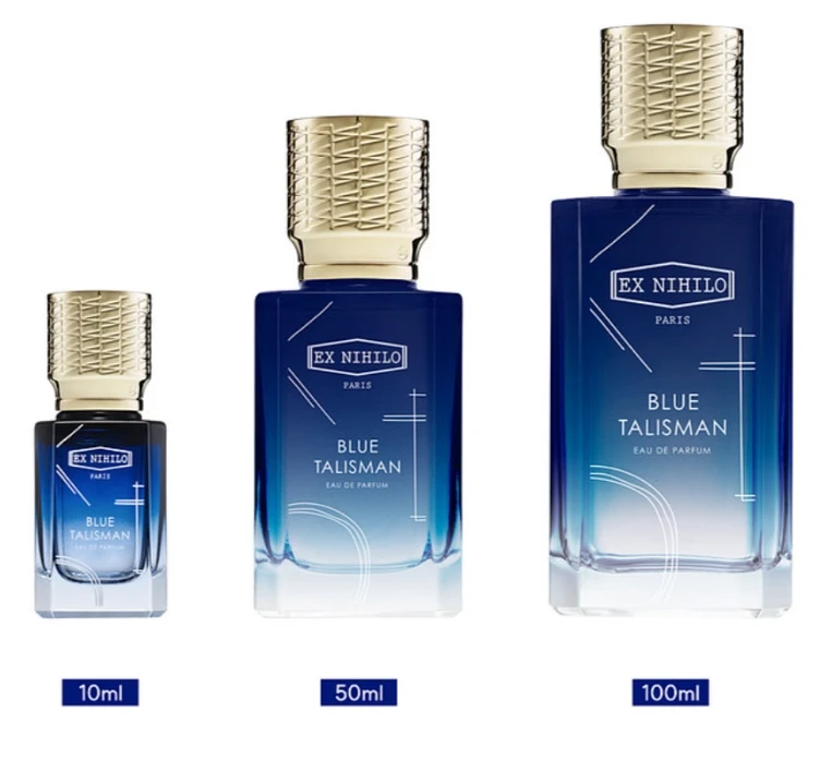 엑스니힐로 블루 탈리스만 10ml 50ml 100ml 용량별 향수 병 비교 이미지